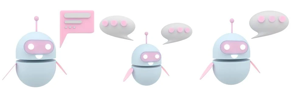Set of robot chatbot icon 3d. Cute AI bot helper mascot character cartoon sym Stock Illustration