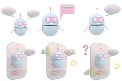 Set of robot chatbot icon 3d. Cute AI bot helper mascot character cartoon sym Stock Illustration