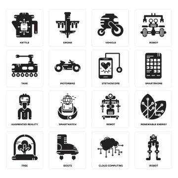 Set of Robot, Cloud computing, Tree, Augmented reality, Stethoscope, Tank, Ve Illustrazione stock gratuita