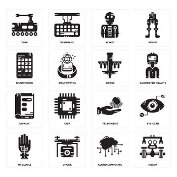 Set of Robot, Cloud computing, Wi gloves, Telekinesis, Display, Drone, Smartp Free Stock Illustration