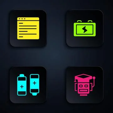 Set Robot, Computer api interface, Battery and . Black square button. Vector Illustrazione stock