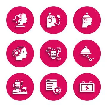 Set Robot, Computer api interface, Battery, Waiter robot, humanoid driving car Illustrazione stock