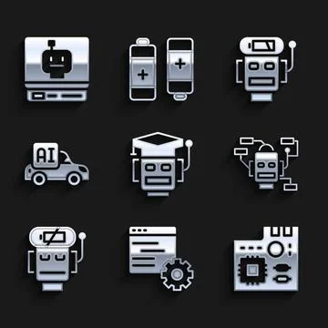 Set Robot, Computer api interface, Motherboard digital chip, low battery charge Illustrazione stock