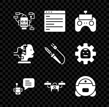 Set Robot, Computer api interface, Remote control, Bot, Drone, vacuum cleaner Stock Illustration