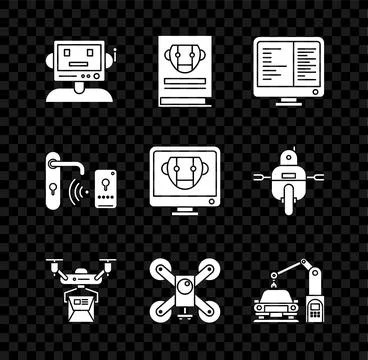 Set Robot, Computer monitor screen, Drone delivery concept, flying with act.. Stock Illustration