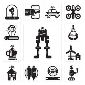 Set of Robot, Cooker, Jetpack, Smart house, Eolic energy, Kettle, Hologram, H Free Stock Illustration