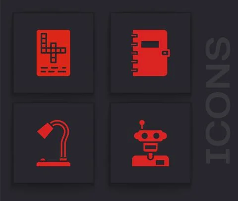 Set Robot, Crossword, Spiral notebook and Table lamp icon. Vector 스톡 일러스트