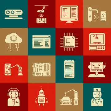 Set Robot doctor, 3D printer, Computer monitor screen, Software, web develo.. Stock Illustration