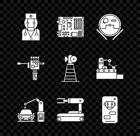 Set Robot doctor, Electronic computer components motherboard digital chip Stockillustratie