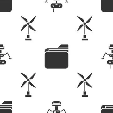 Set Robot, Document folder and Wind turbine on seamless pattern. Vector Stock Illustration