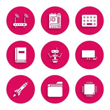 Set Robot, Document folder, Processor with microcircuits CPU, Smart Tv, Rocket Stockillustratie