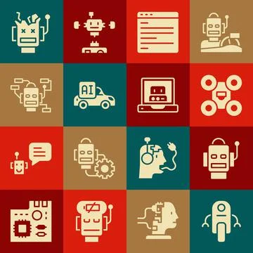 Set Robot, Drone, Computer api interface, Autonomous smart car, Broken robot and Stock Illustration