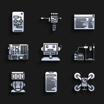 Set Robot, Drone flying with action camera, 3D printer, Electronic computer Stock Illustration