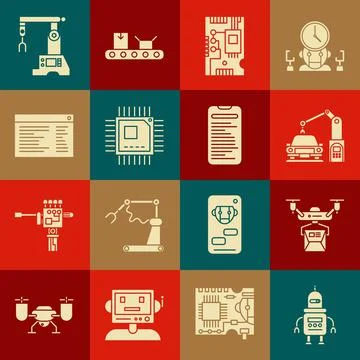 Set Robot, Electronic computer components motherboard digital chip, Processor 스톡 일러스트