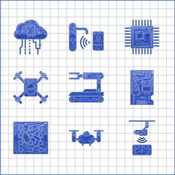 Set Robot, Electronic computer components motherboard digital chip, Global Stock-Illustration