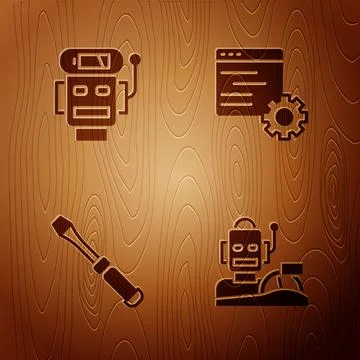 Set Robot humanoid driving a car, low battery charge, Screwdriver and Computer Ilustración de archivo