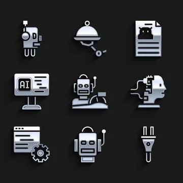 Set Robot humanoid driving a car, Electric plug, for maintenance, Computer api Stock Illustration
