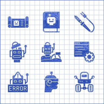 Set Robot humanoid driving a car, Smart glasses, Mars rover, Computer api Ilustración de archivo