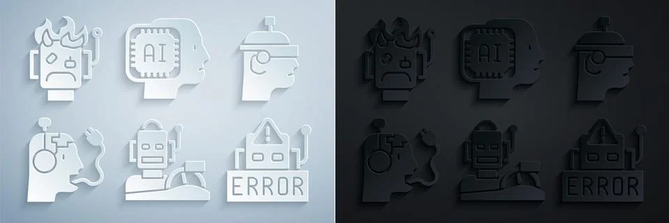 Set Robot humanoid driving a car, Smart glasses, charging battery, Error robot Ilustración de archivo