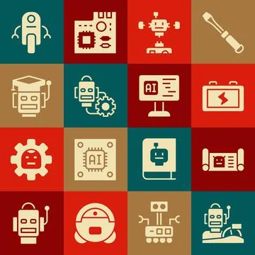 Set Robot humanoid driving a car, blueprint, Battery, Disassembled robot, set Stock-Illustration