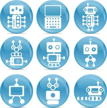 Set of robot icons white silhouettes on blue shiny balls Stock Illustration