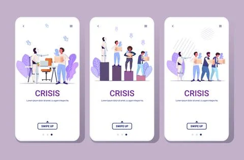 Set robot kicked human away from work modern robotic character replacing Stock Illustration