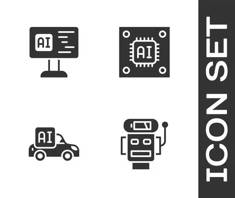 Set Robot low battery charge, Software, Autonomous smart car and Processor with Stock Illustration