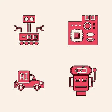 Set Robot low battery charge, , Motherboard digital chip and Autonomous smart Stock-Illustration