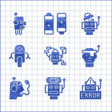Set Robot, low battery charge, Error in robot, Smart glasses, charging, and icon イラスト素材