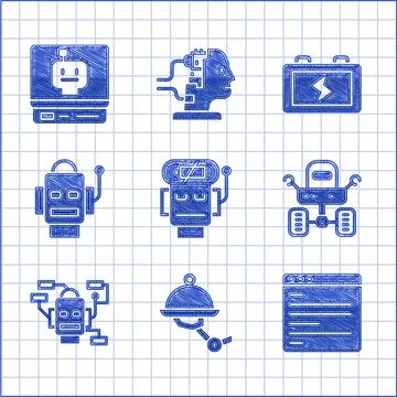 Set Robot low battery charge, Waiter robot, Computer api interface, Mars rover Illustrazione stock