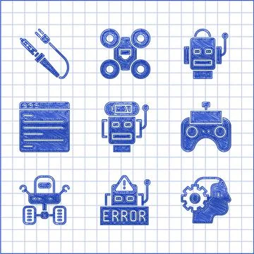 Set Robot low battery charge, Error in robot, Humanoid, Remote control, Mars Stock Illustration