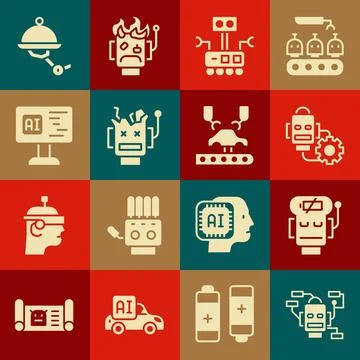 Set Robot, low battery charge, setting, Broken robot, Software, Waiter and .. Stock Illustration