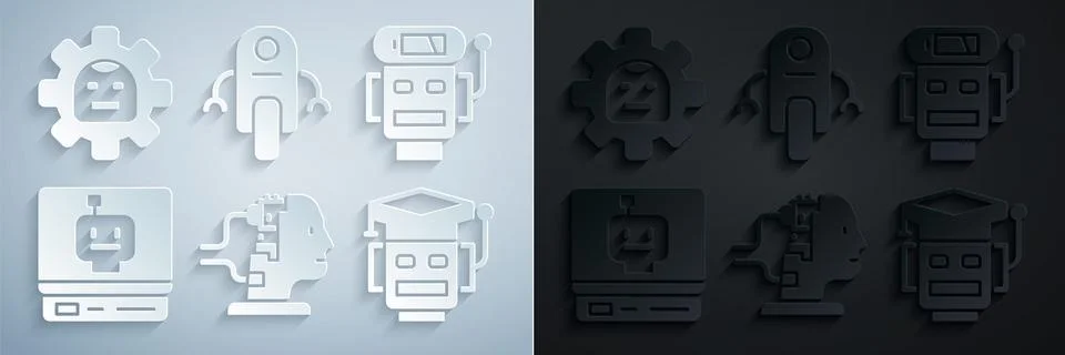 Set Robot for maintenance, low battery charge,  and  icon. Vector Stock Illustration