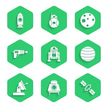 Set Robot, Mars rover, Satellite, Planet Venus, dish, Ray gun, and Rocket ship Stock Illustration