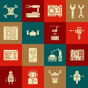 Set Robot, Mechanical robot hand and screwdriver, Printed circuit PCB, Drone Ilustración de archivo