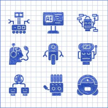 Set Robot, Mechanical robot hand, vacuum cleaner, low battery charge, Artificial Stock Illustration
