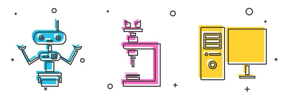 Set Robot, Microscope and Computer monitor icon. Vector Illustrazione stock
