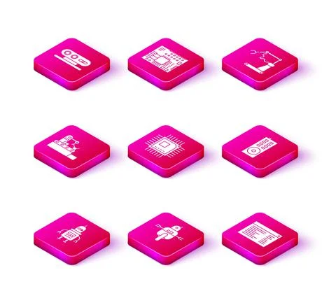 Set Robot, Processor with microcircuits CPU, Software, web developer programming Illustrazione stock