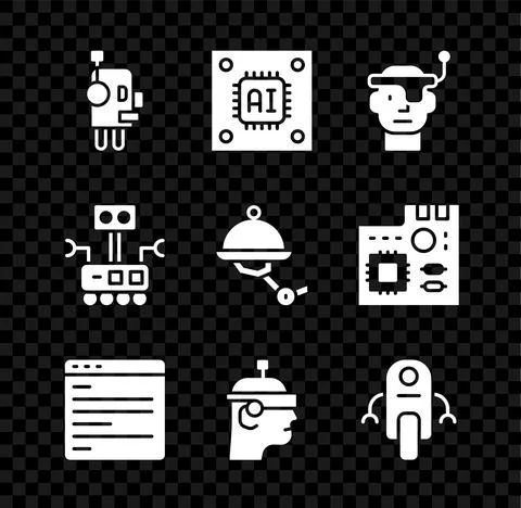 Set Robot, Processor with microcircuits CPU, Smart glasses, Computer api 스톡 일러스트