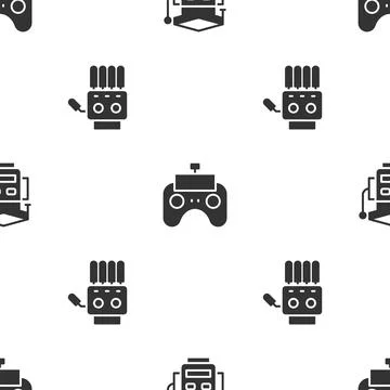 Set Robot, Remote control and Mechanical robot hand on seamless pattern. Vector Illustrazione stock