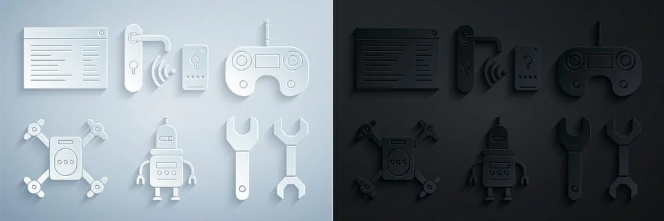 Set Robot, Remote control, Drone flying with action camera, Spanner, Digital  Stock Illustration
