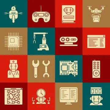 Set Robot, Remote control, Software, web developer programming code, User man Stock Illustration