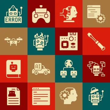 Set Robot, Screwdriver, for maintenance, burned out, Drone, Error robot and Ilustración de archivo