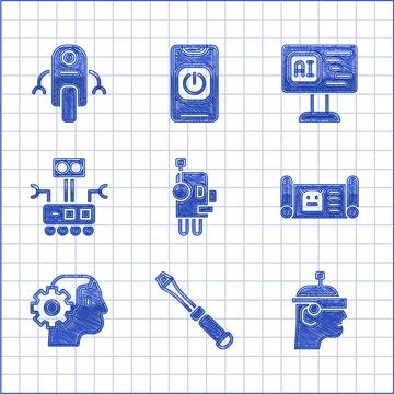 Set Robot, Screwdriver, Smart glasses, blueprint, Humanoid robot, Software and 库存插图