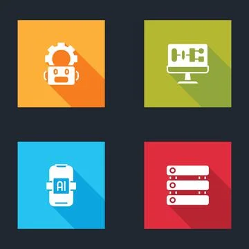 Set Robot setting, Algorithm, Artificial intelligence AI and Server, Data icon Stock Illustration