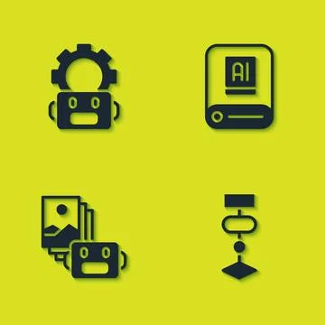 Set Robot setting, Algorithm, Artificial intelligence robot and AI icon. Vect Stock Illustration