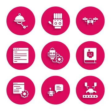 Set Robot setting, Bot, Robotic robot arm on factory, User manual, Computer api Stockillustratie