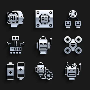 Set Robot, setting, Broken robot, Drone, Battery, Artificial intelligence and Illustrazione stock