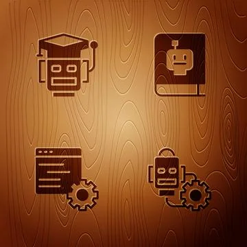 Set Robot setting, , Computer api interface and User manual on wooden background Stock Illustration