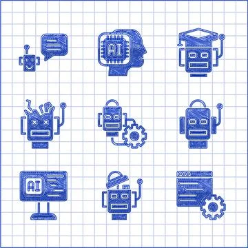 Set Robot setting, Computer api interface, Software, Broken robot, and Bot icon Stock Illustration